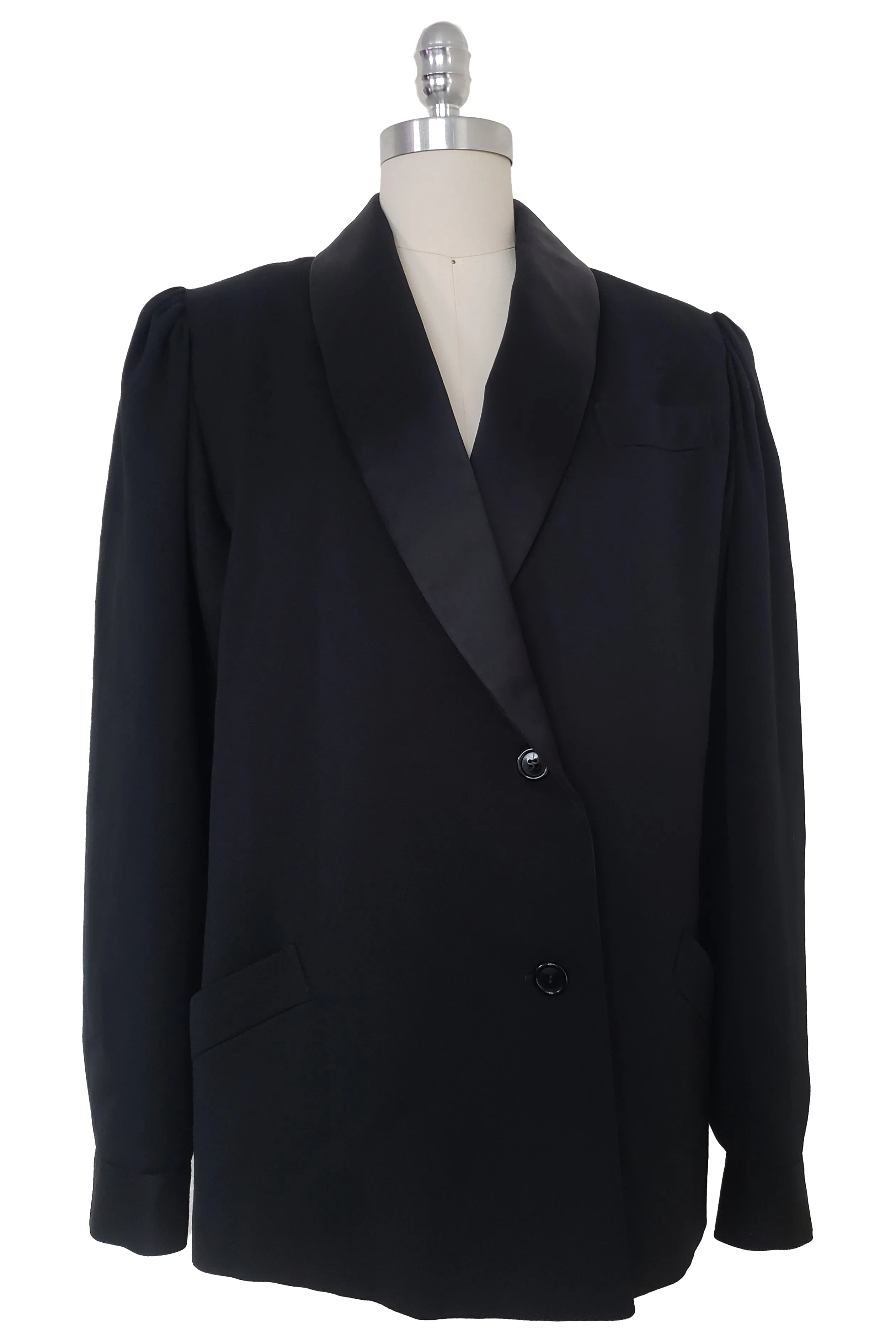 1980s Vintage Black Wool Tuxedo Style Jacket by Designer Guy Laroche, Medium to Large