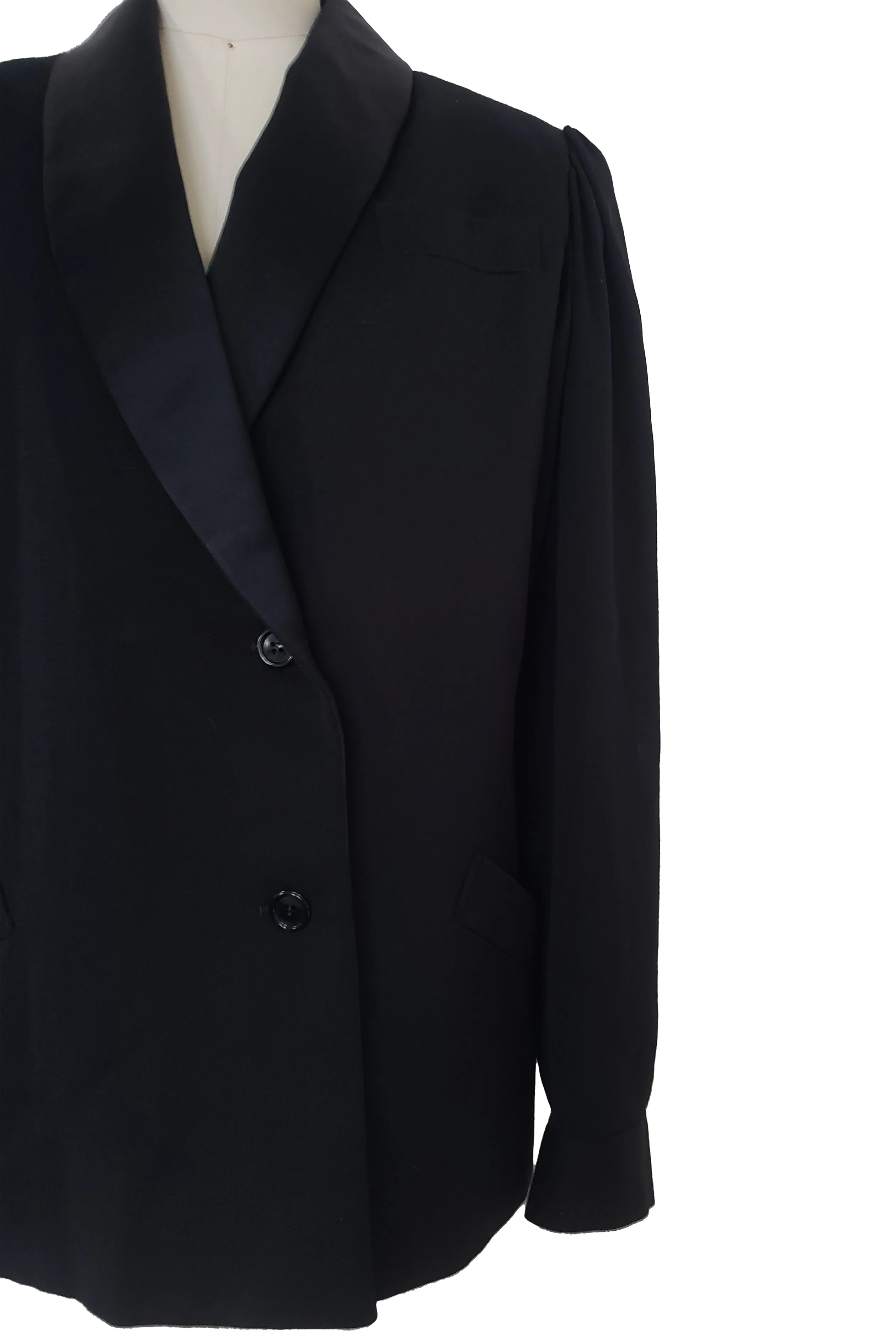 1980s Vintage Black Wool Tuxedo Style Jacket by Designer Guy Laroche, Medium to Large