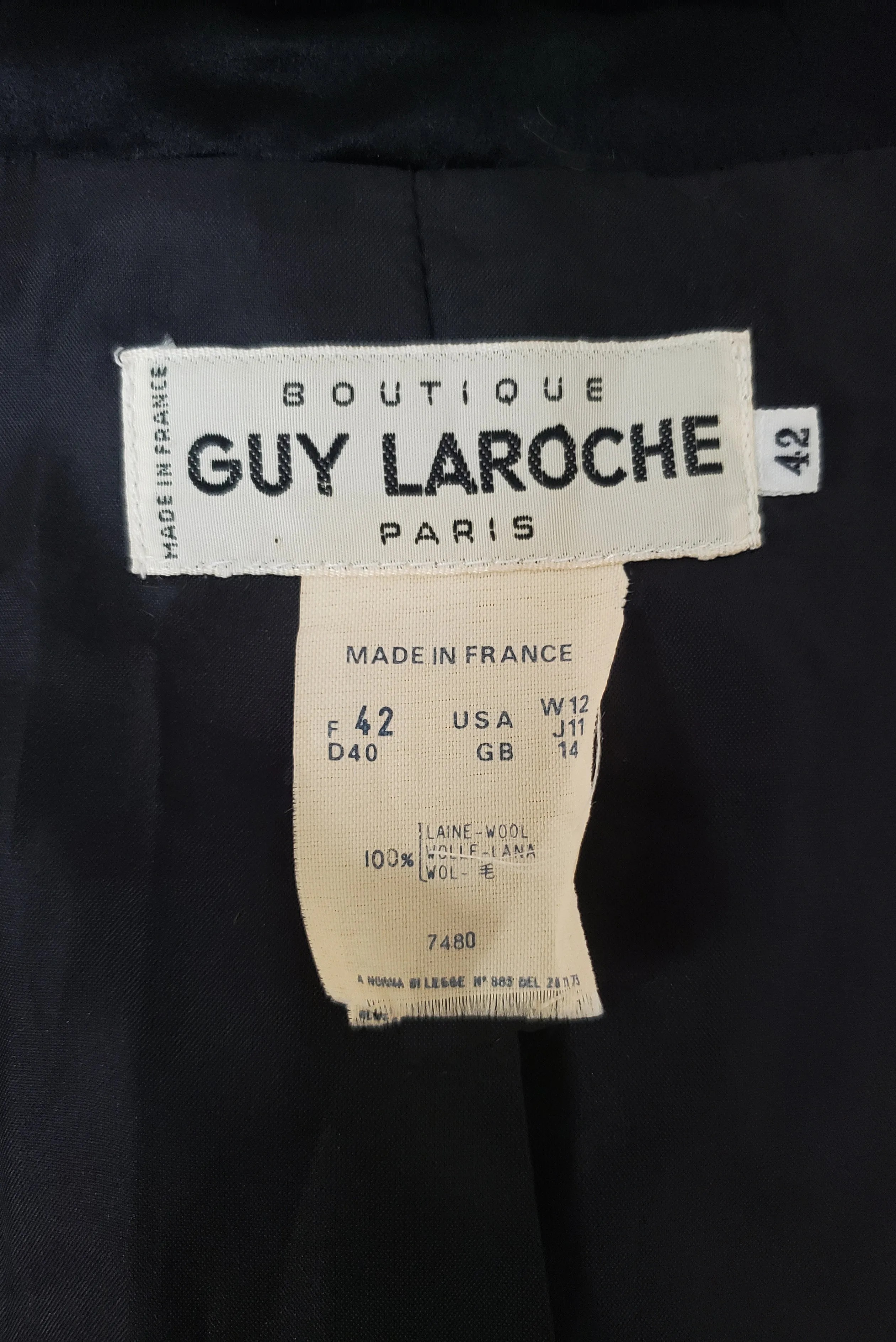 1980s Vintage Black Wool Tuxedo Style Jacket by Designer Guy Laroche, Medium to Large