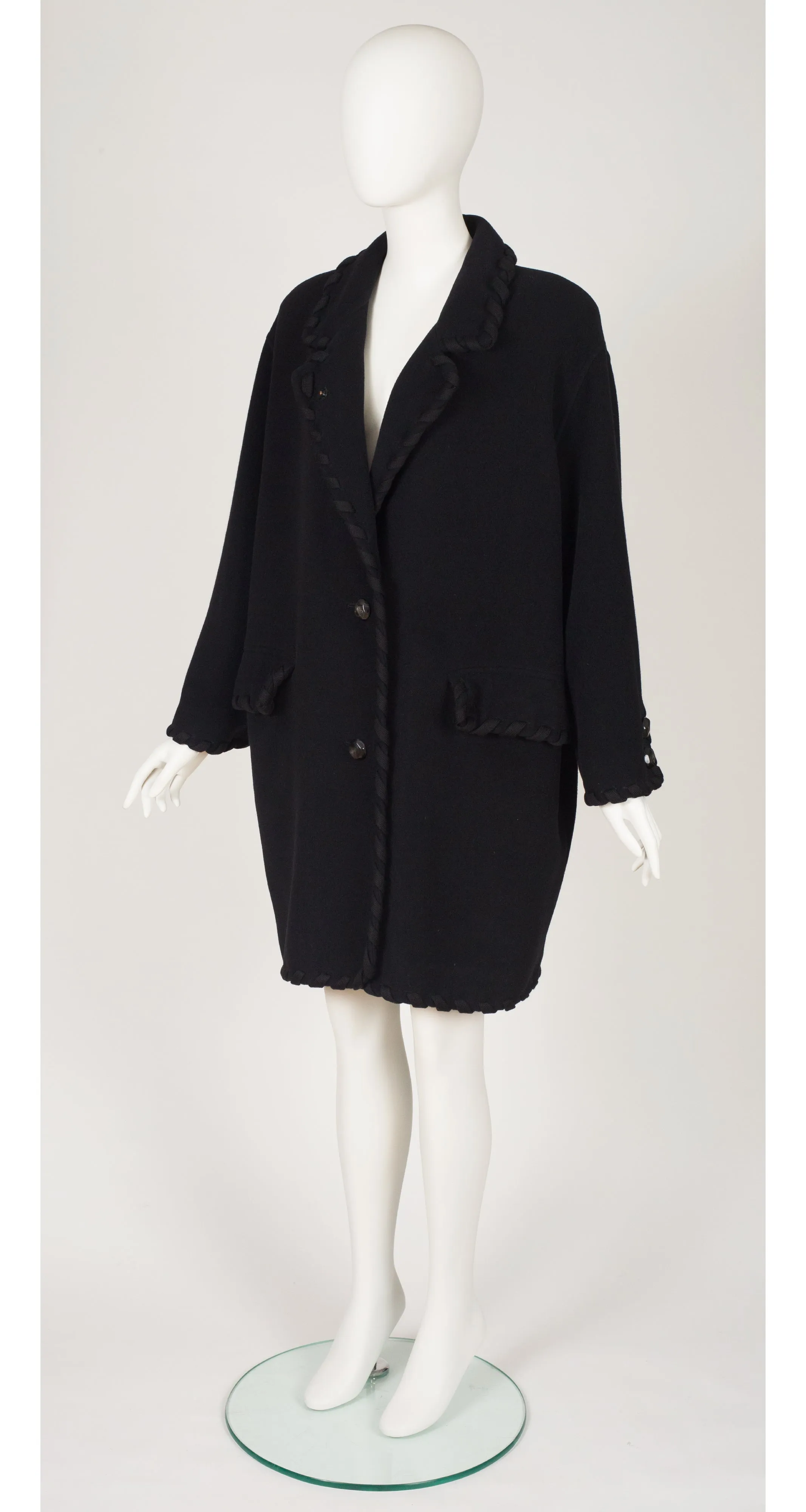 1991-92 F/W Rope Trim Black Wool Collared Oversized Coat