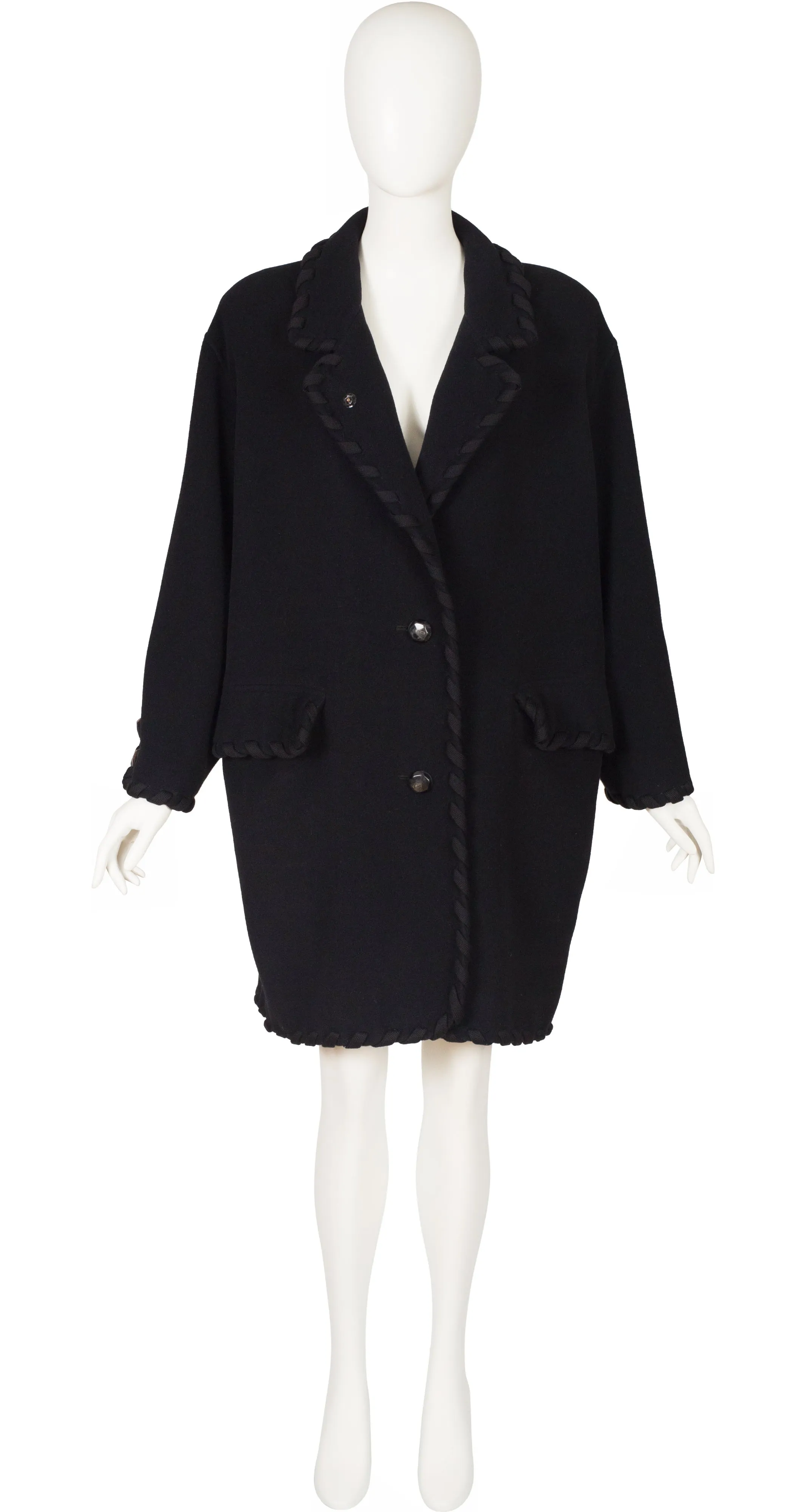1991-92 F/W Rope Trim Black Wool Collared Oversized Coat