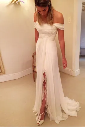 A-Line Off-the-Shoulder Wedding Dress,Long Chiffon Beach Wedding Dress With Lace Split,N123