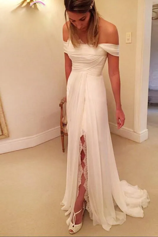 A-Line Off-the-Shoulder Wedding Dress,Long Chiffon Beach Wedding Dress With Lace Split,N123