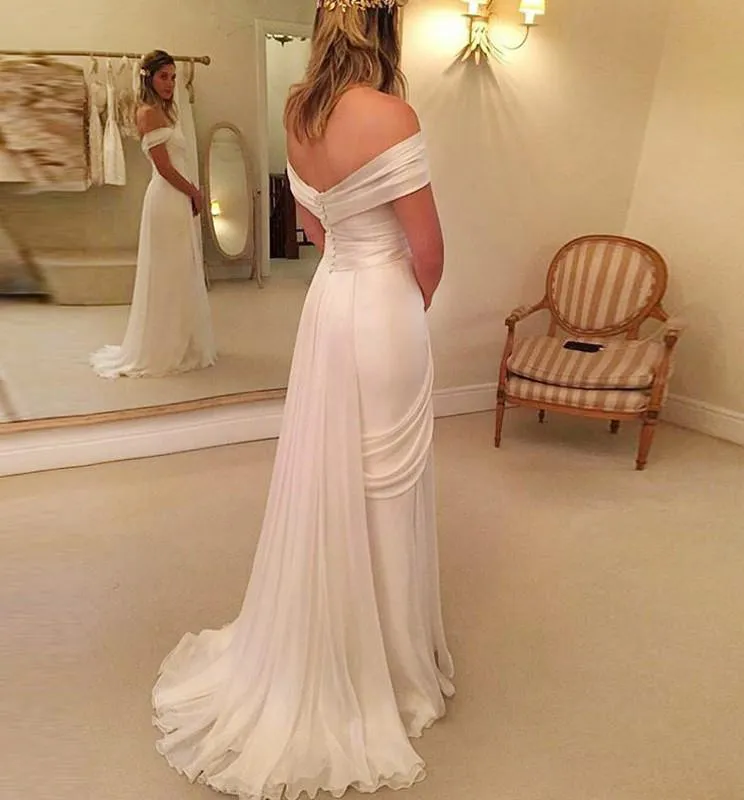 A-Line Off-the-Shoulder Wedding Dress,Long Chiffon Beach Wedding Dress With Lace Split,N123