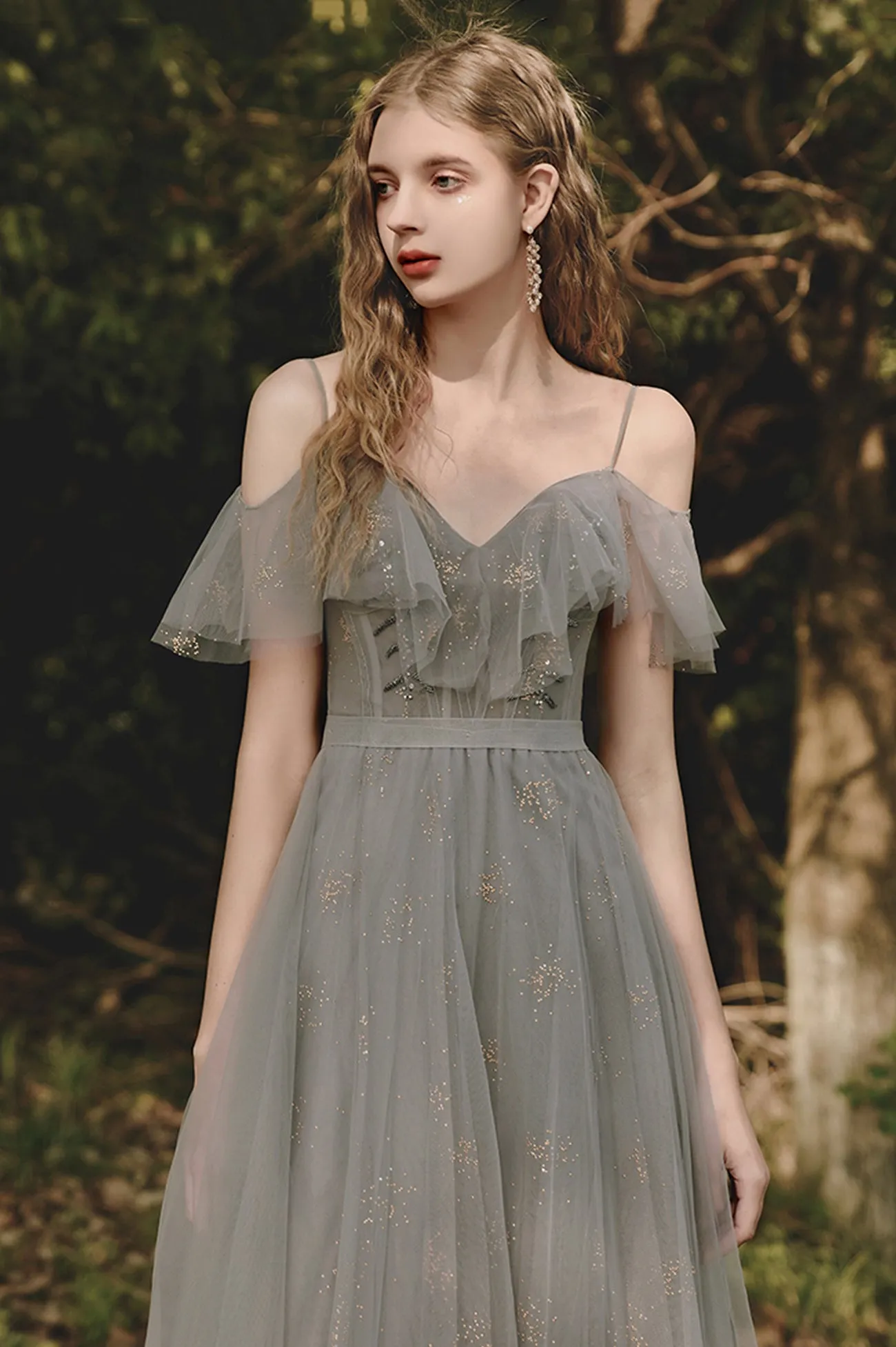 A-Line V-Neck Tulle Long Prom Dress, Gray Spaghetti Straps Evening Dress