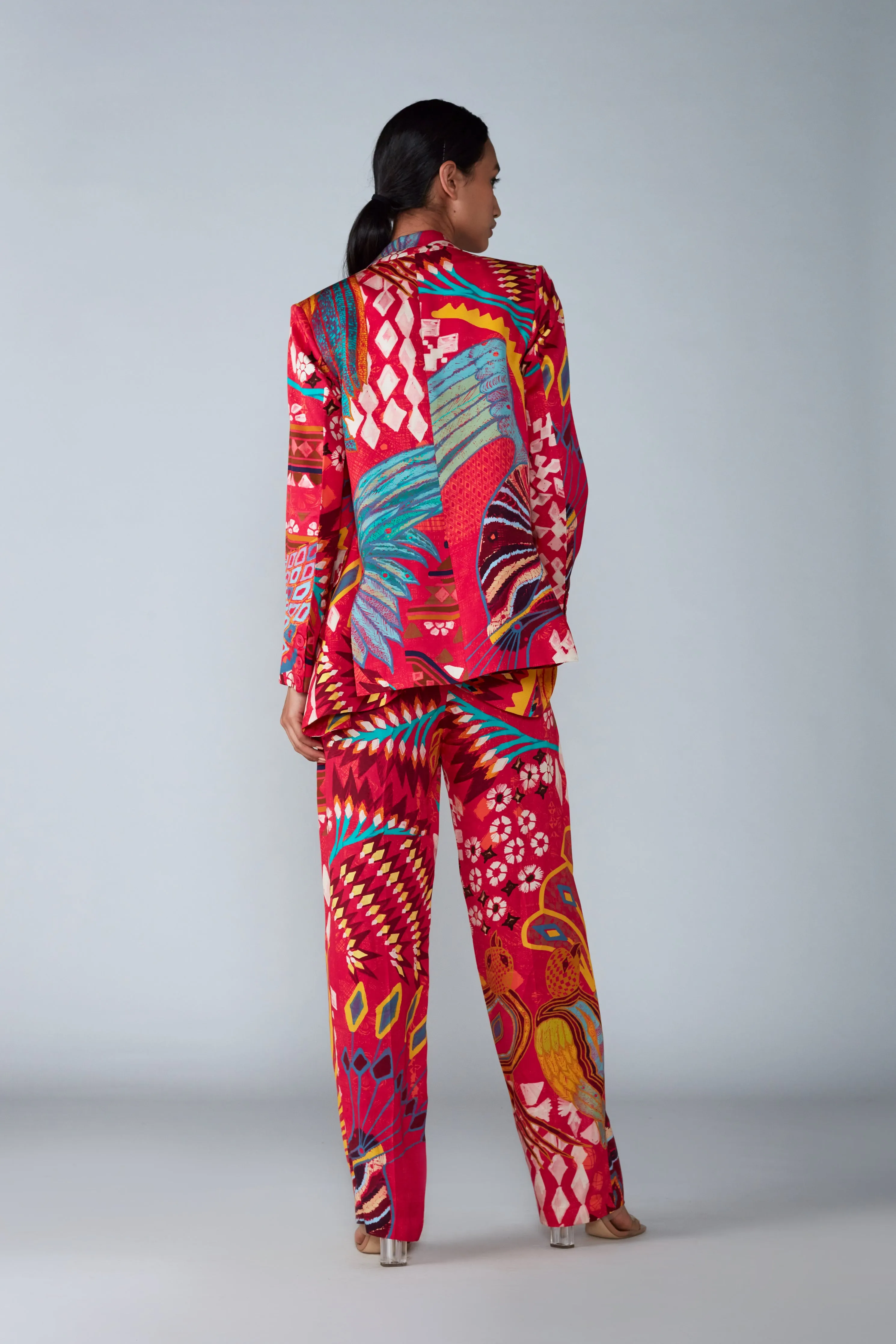 Abstract Bird Print Pink Blazer Set