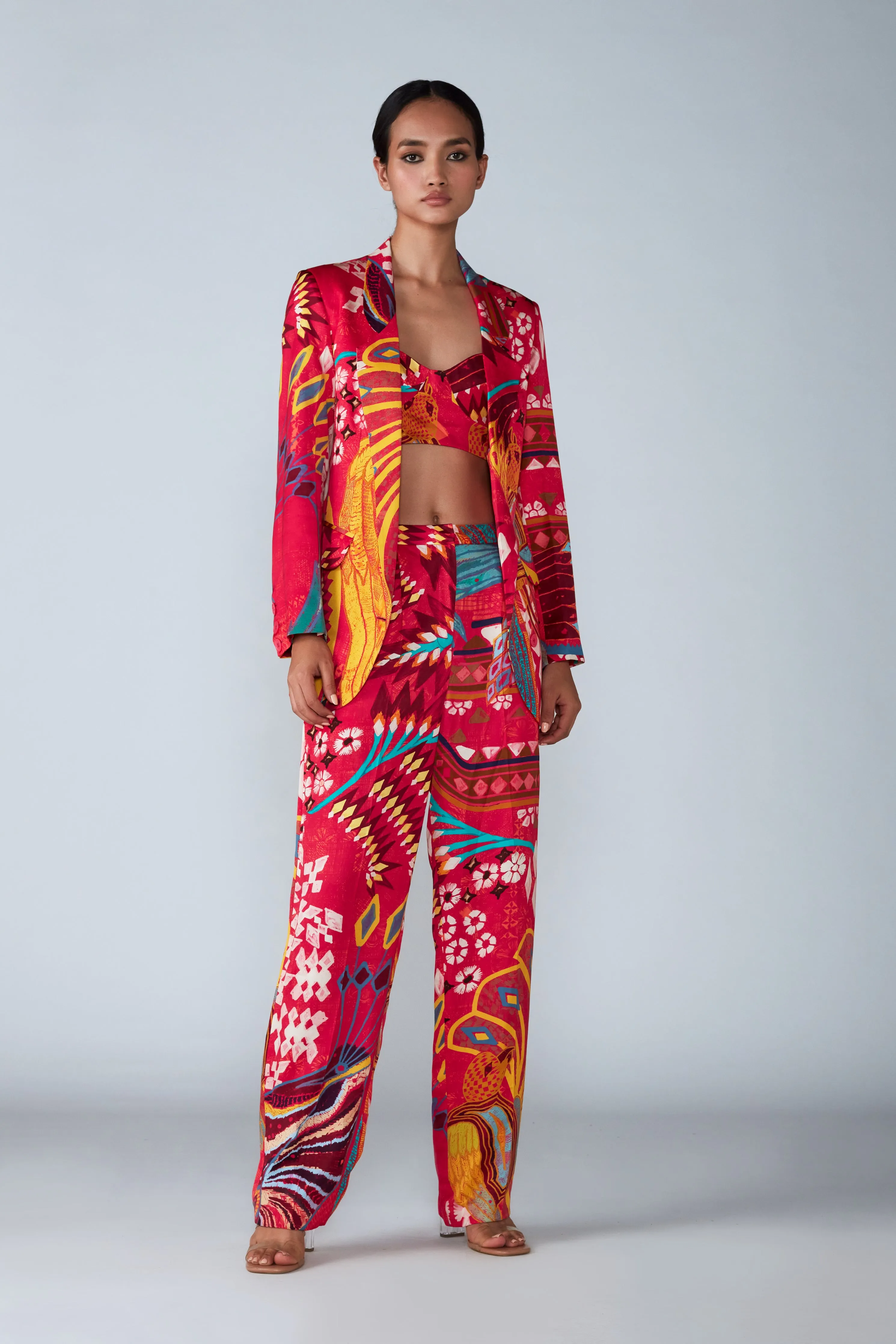 Abstract Bird Print Pink Blazer Set