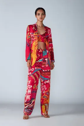 Abstract Bird Print Pink Blazer Set