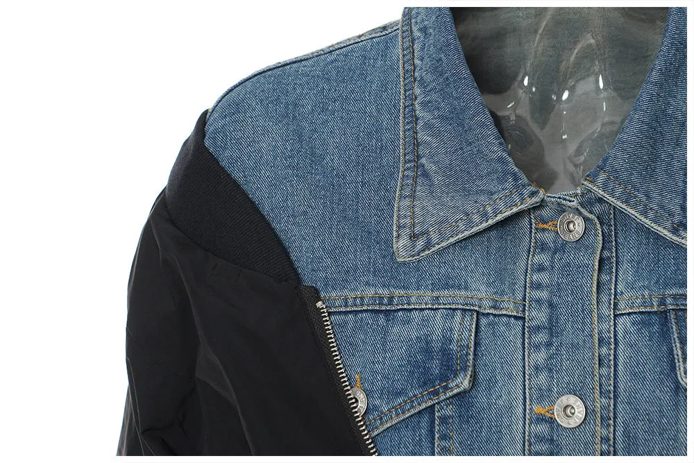 Autumn Denim Stitching Contrast Color Loose Coat