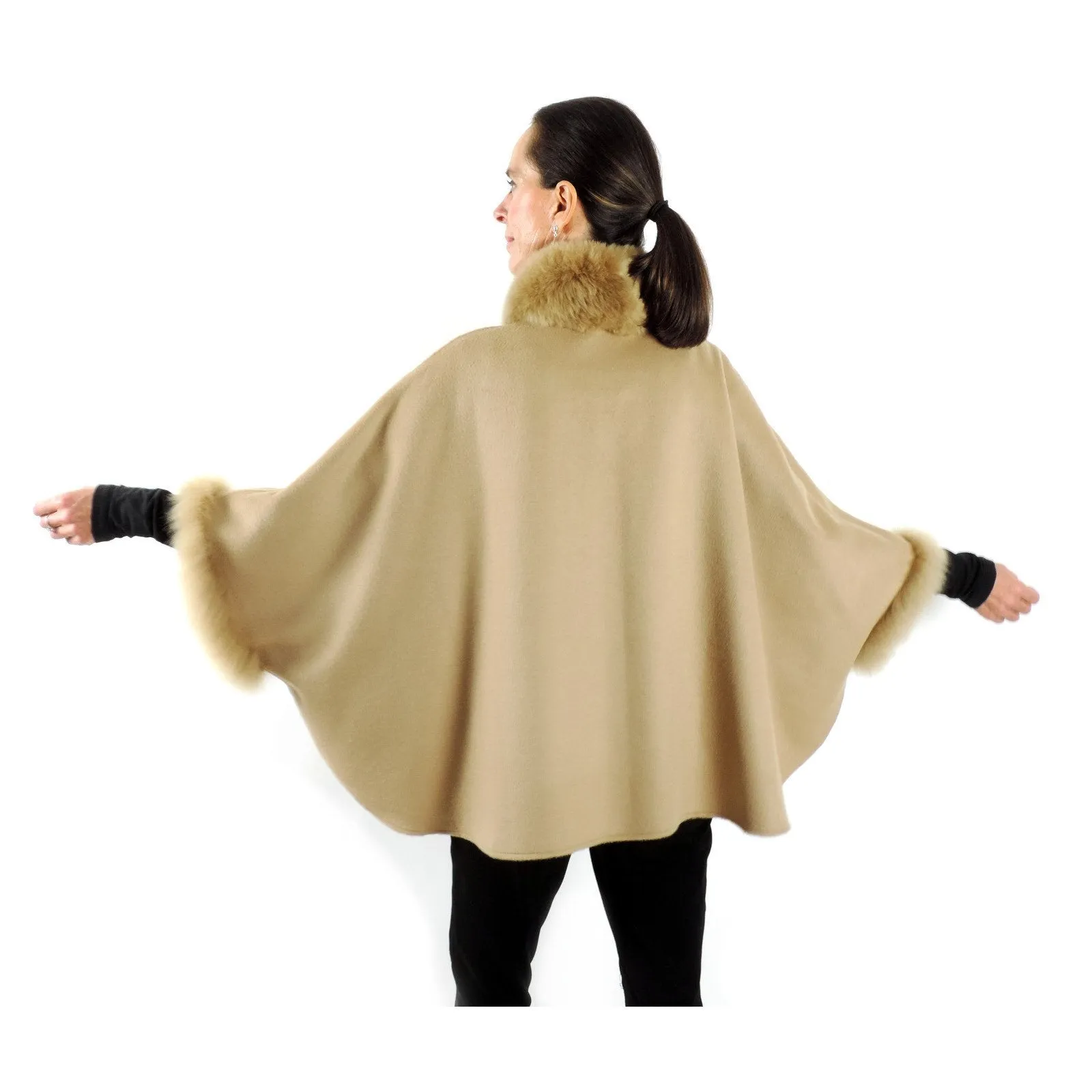 Baby Alpaca Short Cape with Fur Trim - Beige