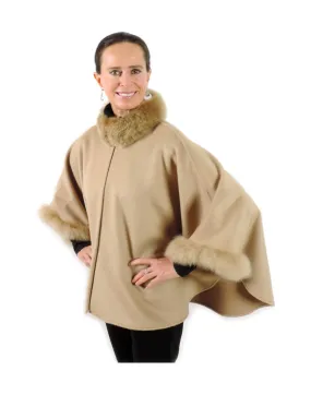 Baby Alpaca Short Cape with Fur Trim - Beige