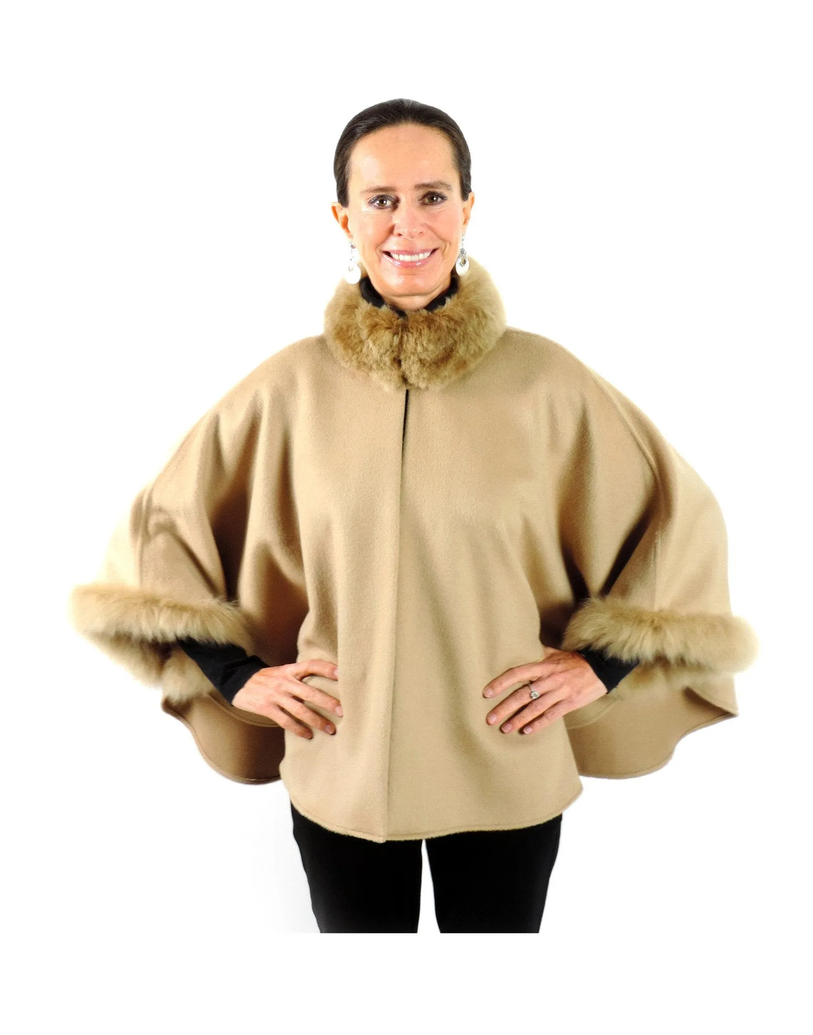Baby Alpaca Short Cape with Fur Trim - Beige