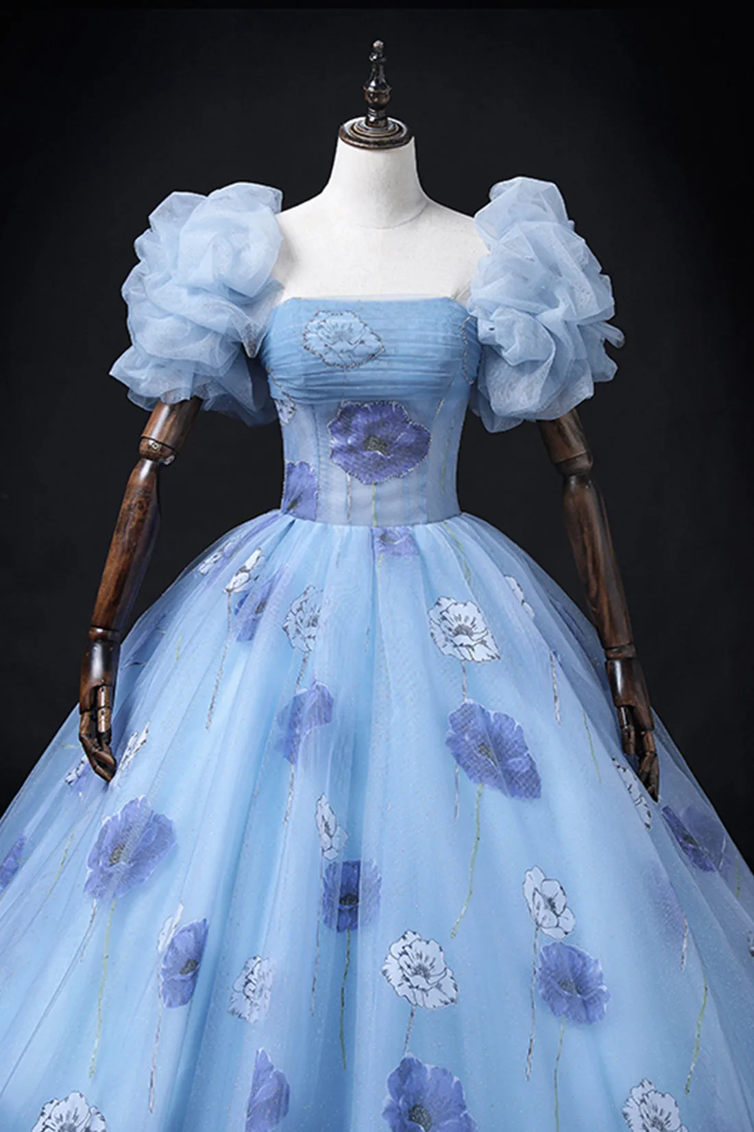 Beautiful Floral Tulle Long Prom Dress, Blue Short Sleeve Evening Dress