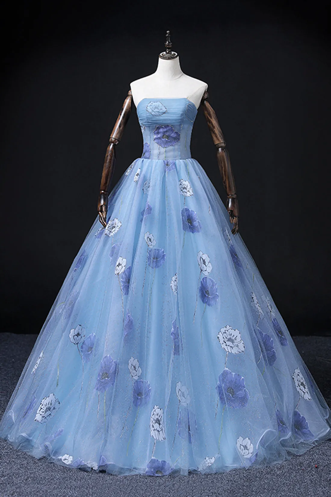 Beautiful Floral Tulle Long Prom Dress, Blue Short Sleeve Evening Dress