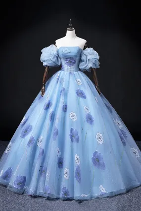 Beautiful Floral Tulle Long Prom Dress, Blue Short Sleeve Evening Dress