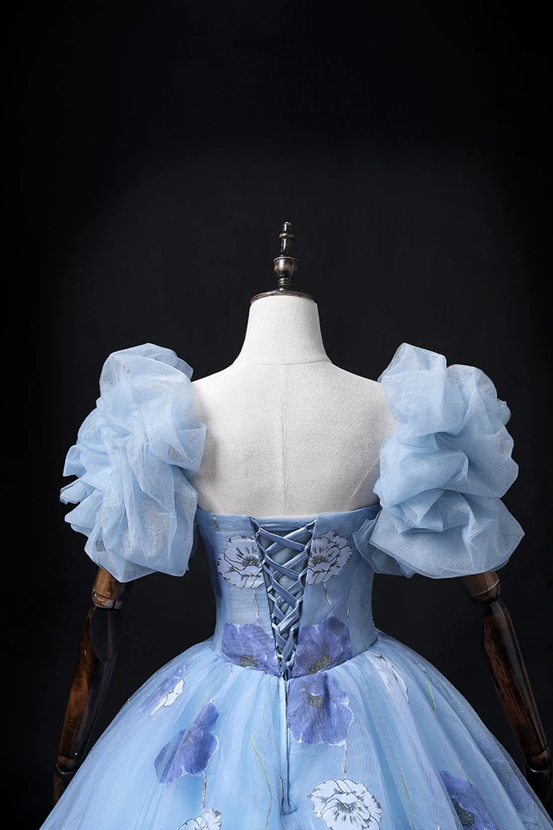 Beautiful Floral Tulle Long Prom Dress, Blue Short Sleeve Evening Dress