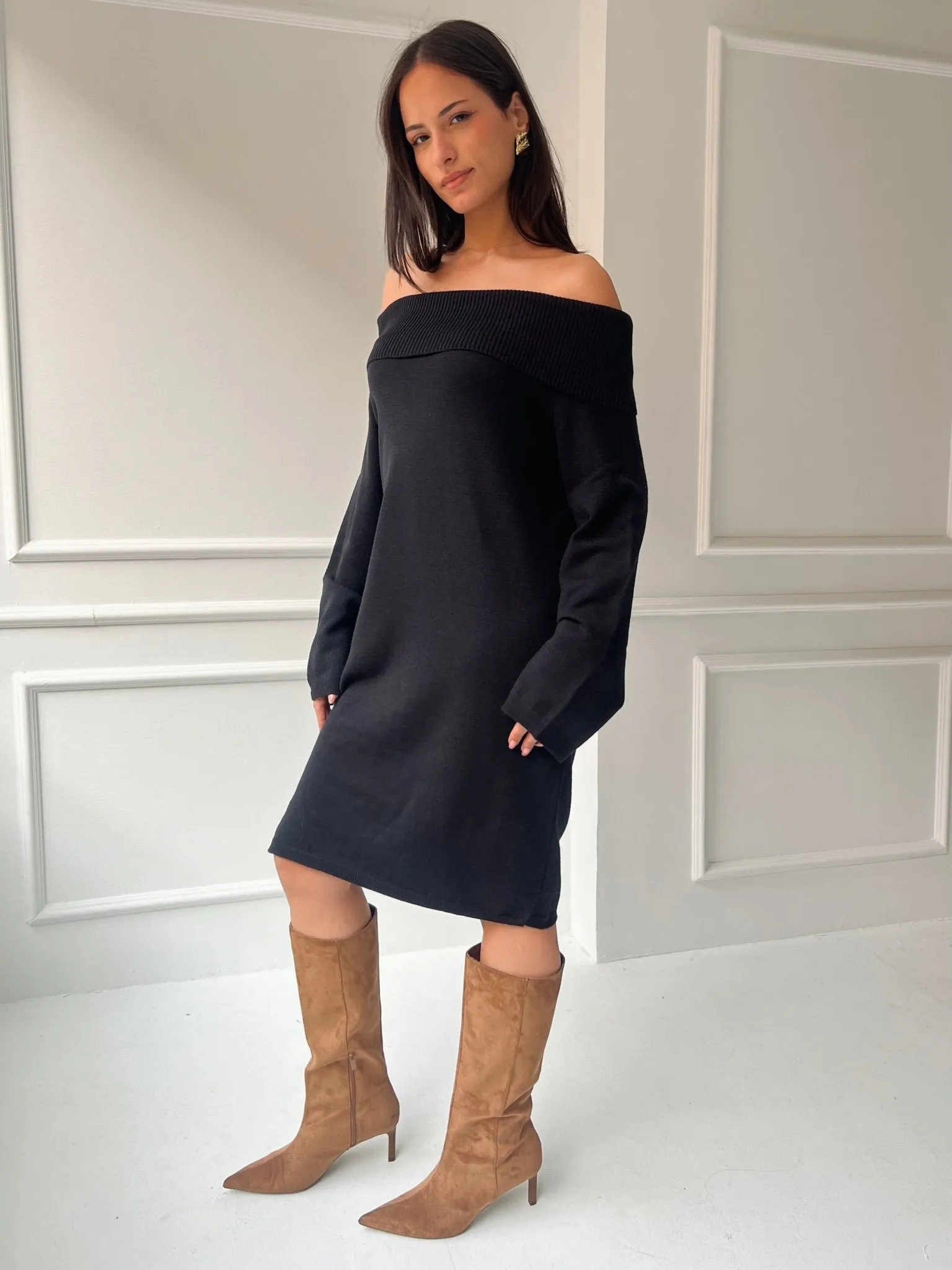 Black Off Shoulder Lantern Sleeve Dress