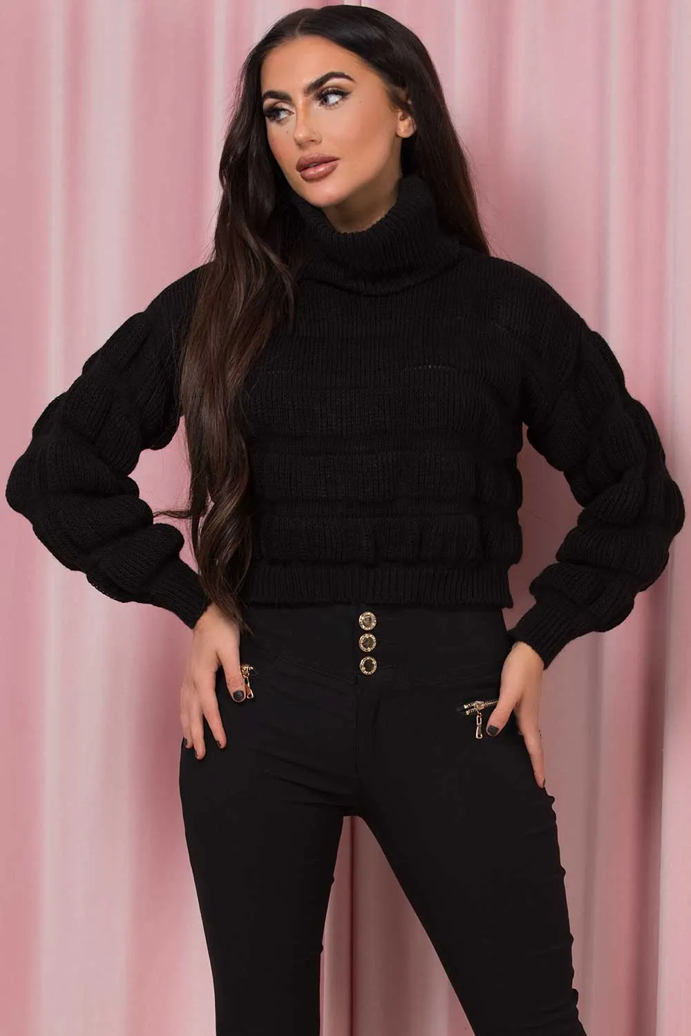 Black Roll Neck Bubble Knit Jumper