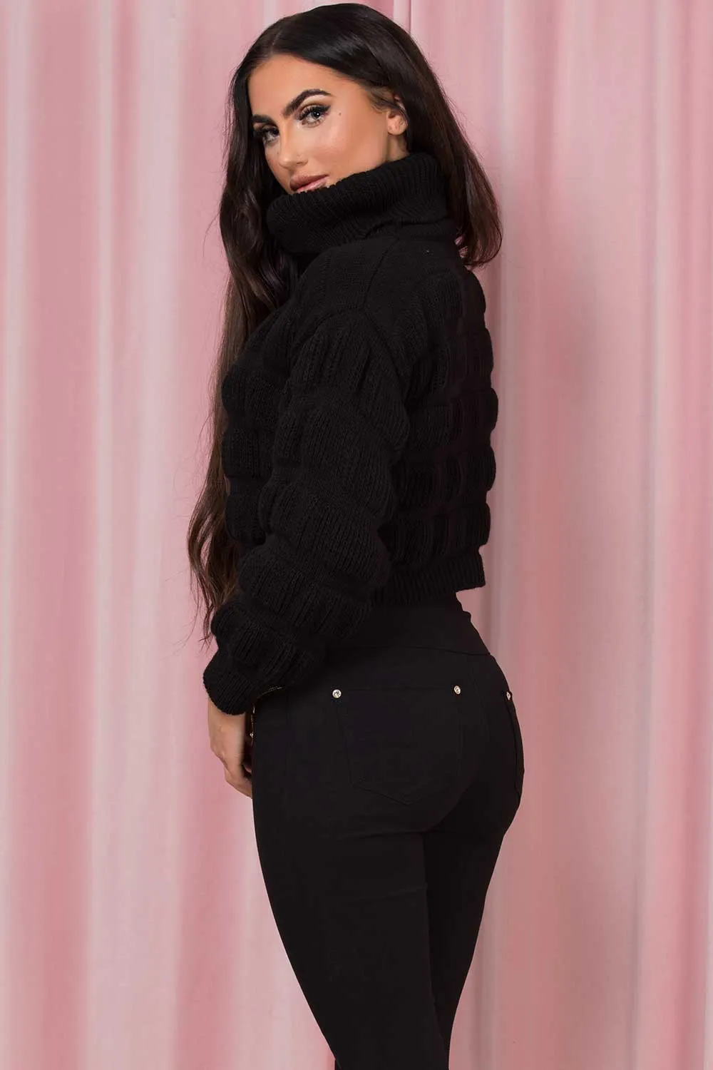 Black Roll Neck Bubble Knit Jumper