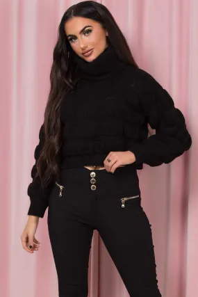 Black Roll Neck Bubble Knit Jumper