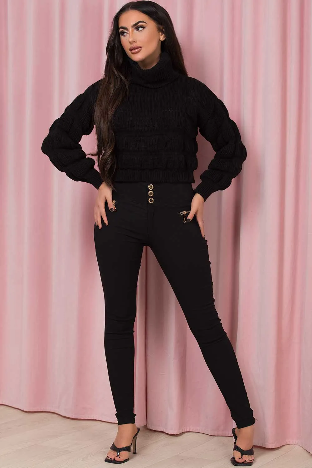 Black Roll Neck Bubble Knit Jumper
