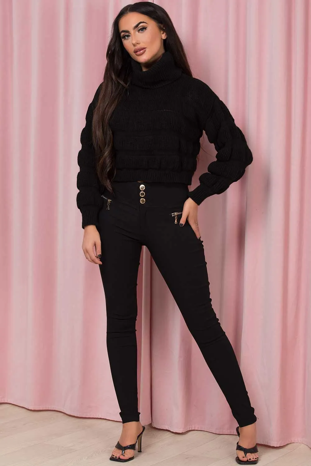Black Roll Neck Bubble Knit Jumper