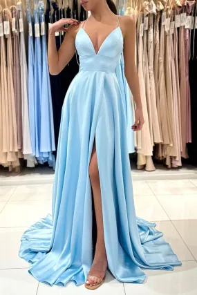 Blue V-Neck Satin Long Prom Dress, Simple A-Line Evening Dress
