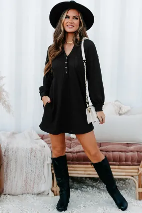 Brunch Basics Waffle Knit Shirt Dress (Black)