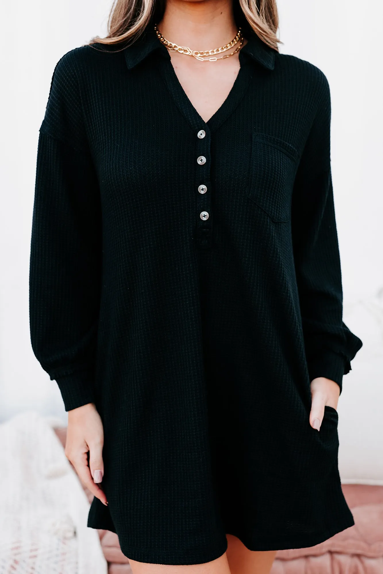 Brunch Basics Waffle Knit Shirt Dress (Black)