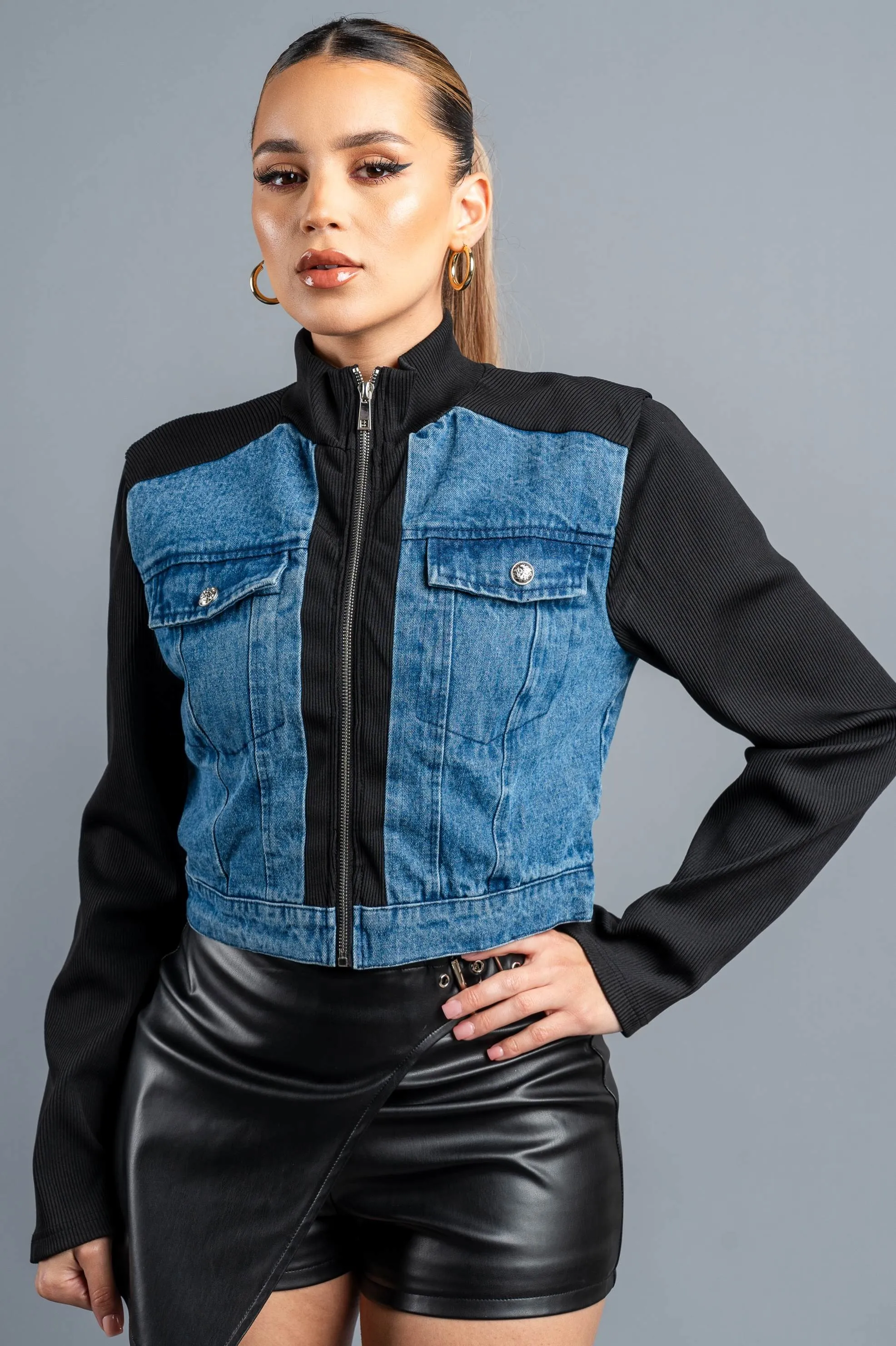 CHIC WASHED DENIM ZIPUP CROPPED RIDER JACKET