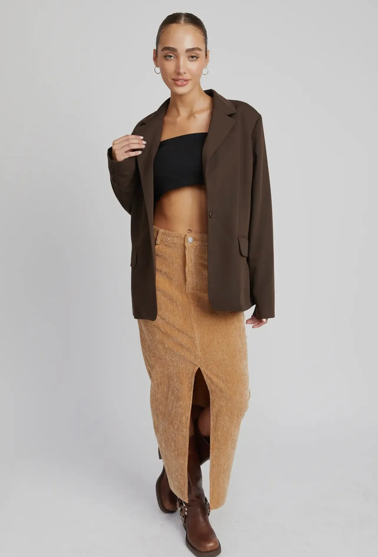 Claire Corduroy Midi Skirt with Front Slit