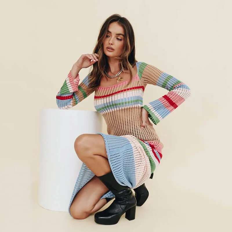 Colorful Clashing Hollow Out Knit Dress