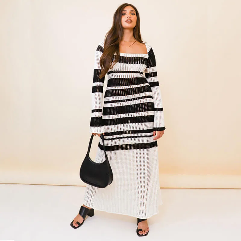 Colorful Clashing Hollow Out Knit Dress