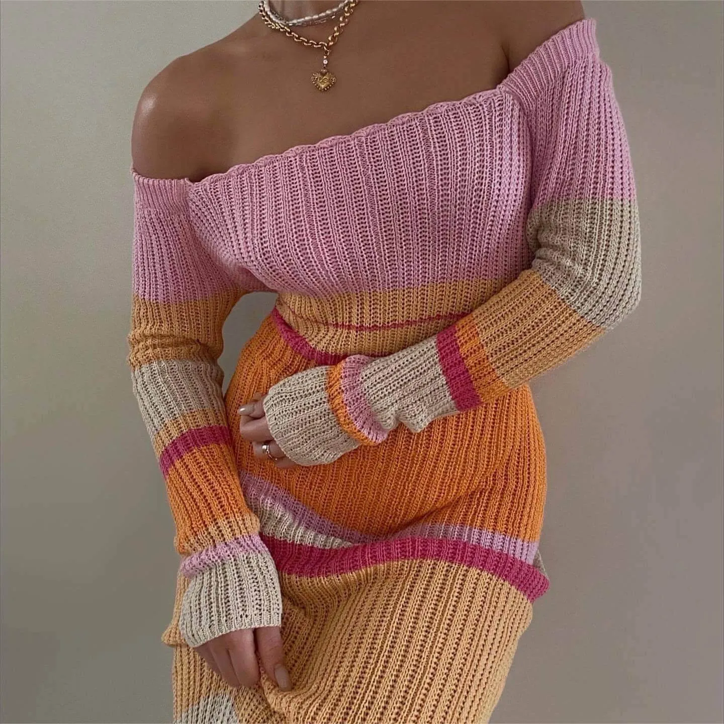 Colorful Clashing Hollow Out Knit Dress