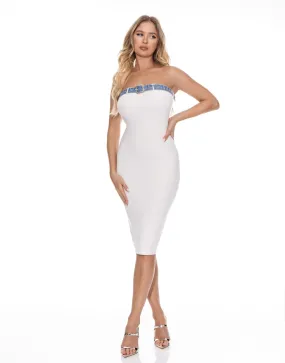 denim belted knit strapless midi dress