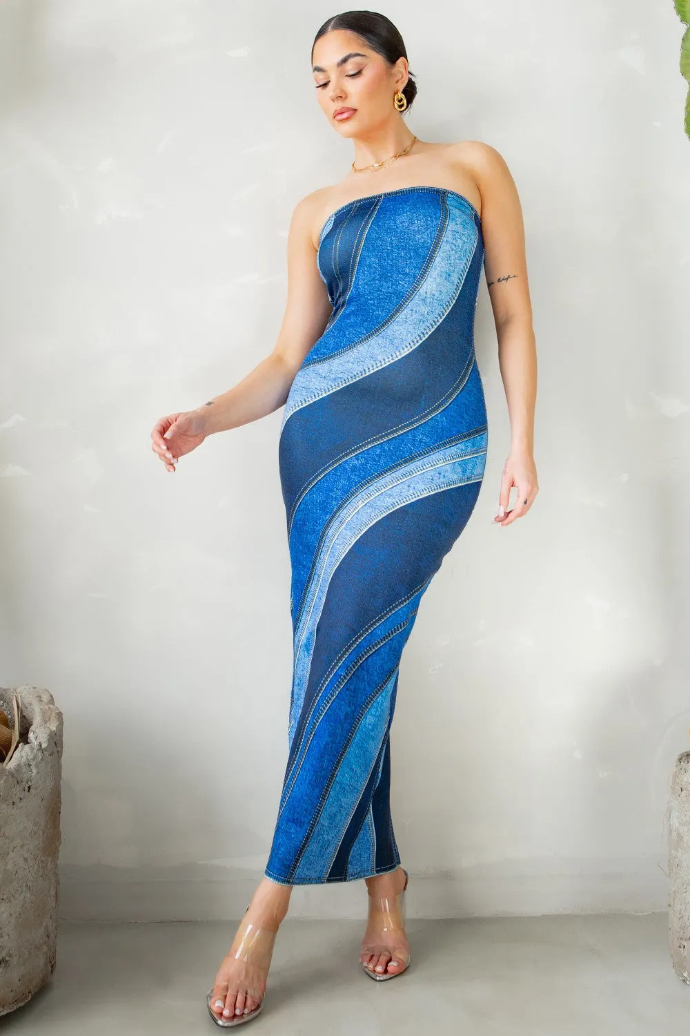 denim print strapless maxi dress