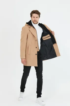 [Drew] Beige Single-Breasted Pea Coat with Removable Hood 100% Wool