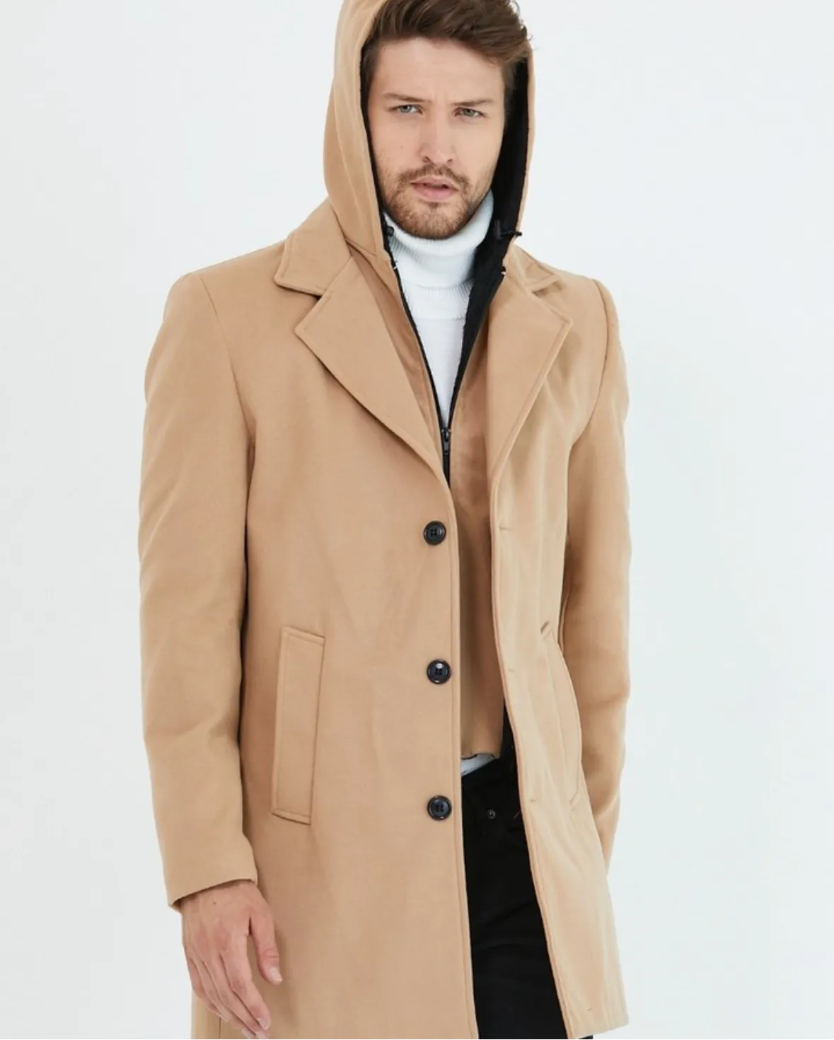 [Drew] Beige Single-Breasted Pea Coat with Removable Hood 100% Wool