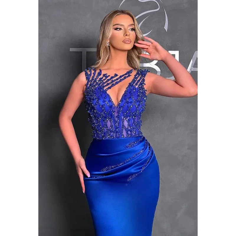 Elegant & Luxurious V-neck Trumpet Sleeveless Beaded Formal Party Prom Dress