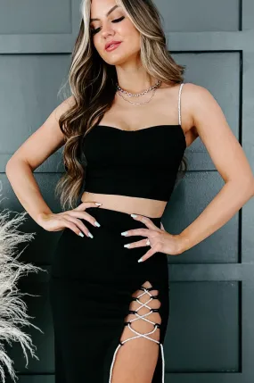 Elegant Occasions Padded Rhinestone Strap Crop Top (Black)