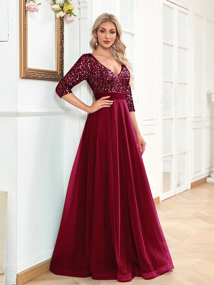 Elegant Short Sleeve V Neck Sequined Tulle Evening Dress