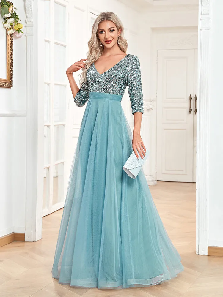 Elegant Short Sleeve V Neck Sequined Tulle Evening Dress