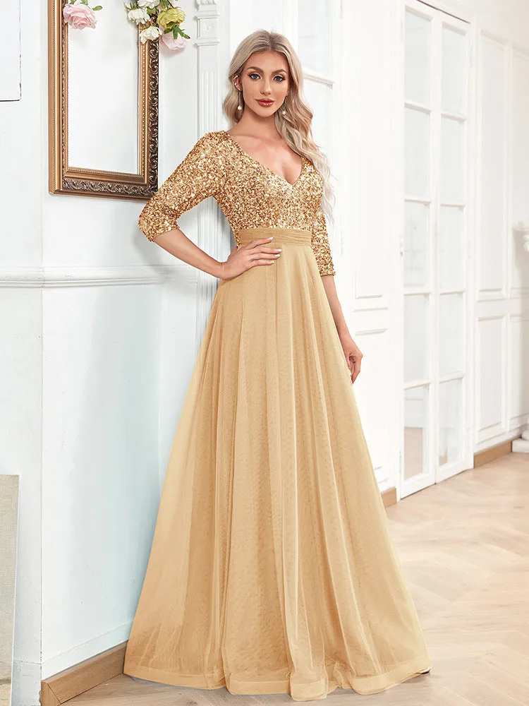 Elegant Short Sleeve V Neck Sequined Tulle Evening Dress