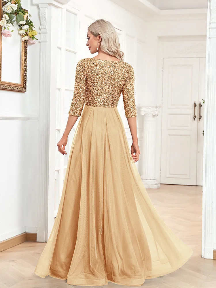 Elegant Short Sleeve V Neck Sequined Tulle Evening Dress