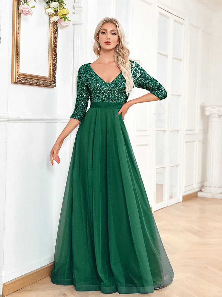 Elegant Short Sleeve V Neck Sequined Tulle Evening Dress