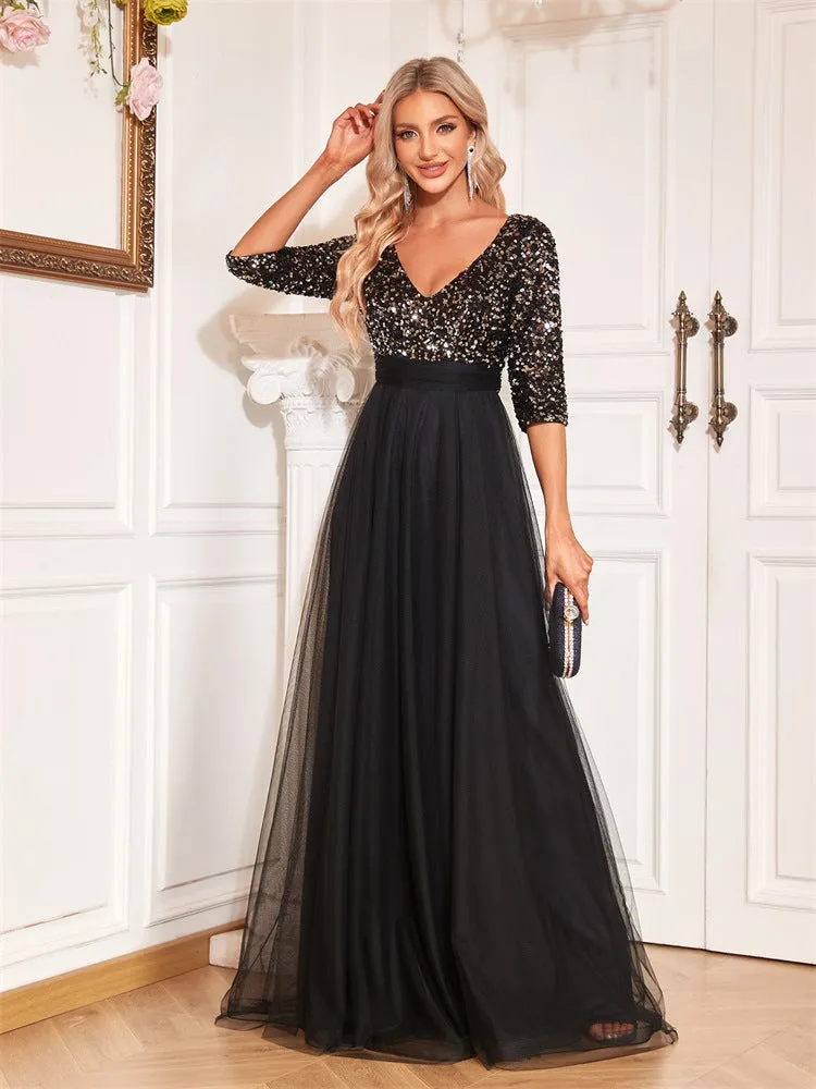 Elegant Short Sleeve V Neck Sequined Tulle Evening Dress