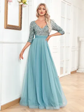Elegant Short Sleeve V Neck Sequined Tulle Evening Dress