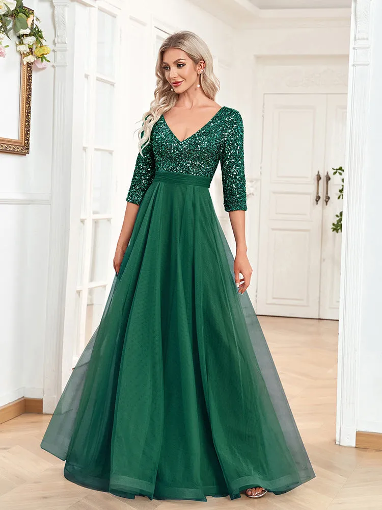Elegant Short Sleeve V Neck Sequined Tulle Evening Dress