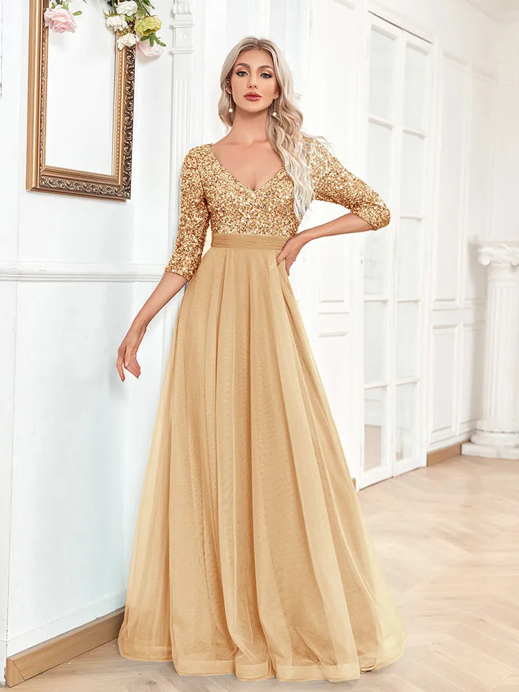 Elegant Short Sleeve V Neck Sequined Tulle Evening Dress