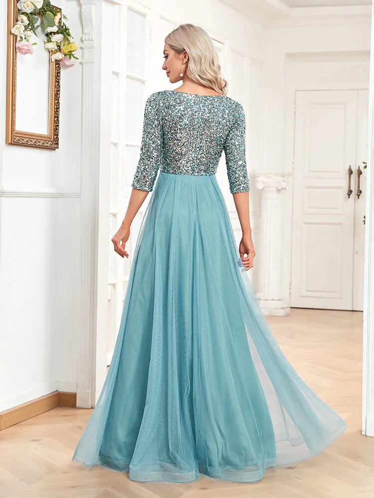 Elegant Short Sleeve V Neck Sequined Tulle Evening Dress